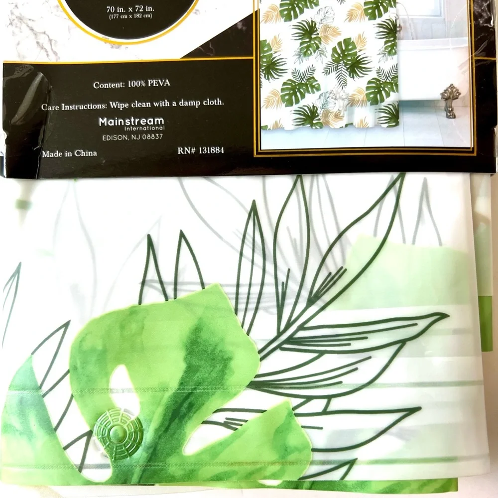 Tropical Green & Gold Leaves Peva Shower Curtain Jungle
